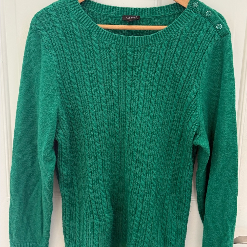 Talbots Kelly Green Cable Knit Sweater Button Shoulder - XL St Patrick’s day